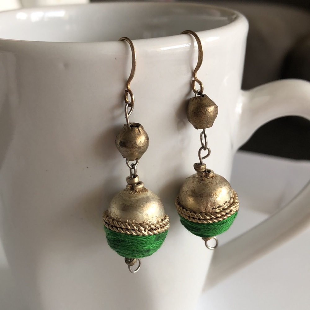 Handmade Ethiopian green silver metal bead fish hook drop dangle earrings